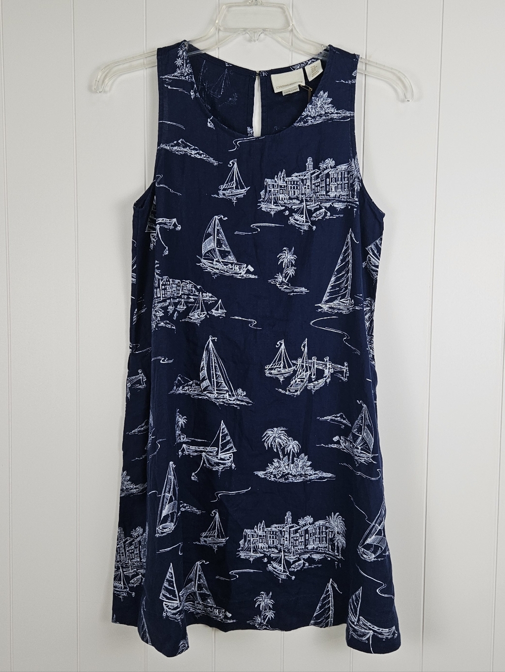 Cynthia Rowley Linen Dress Womens Sleeveless Swing Nautical Blue White Coastal M